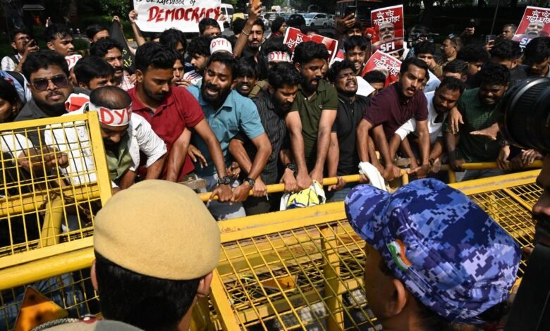 Students protest march against CEC Gyanesh Kumar near Jantar Mantar, New Delhi on October 14, 2026.